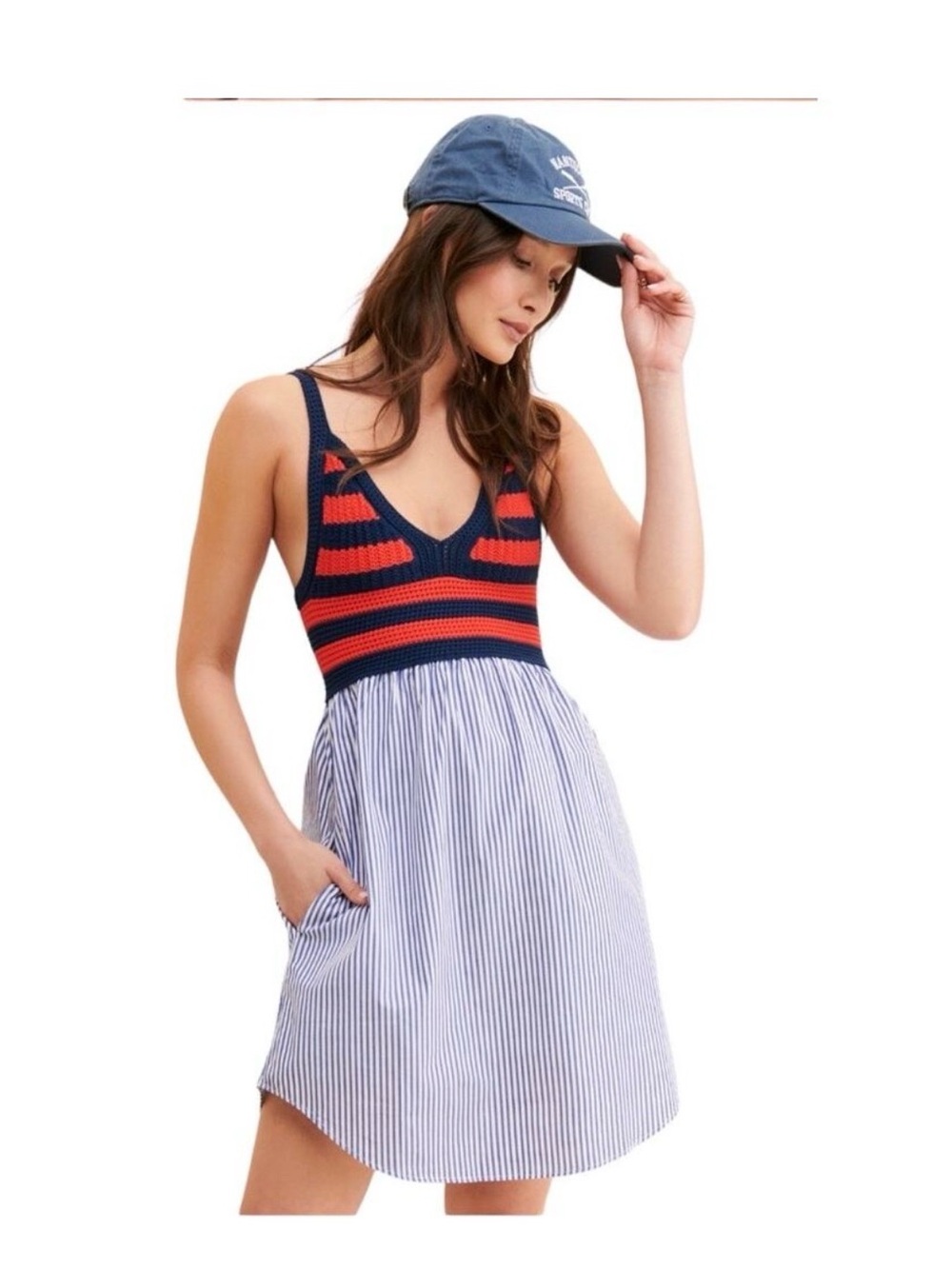 KULE Esmee Navy & Orange Striped Knit-Bodice Mini Dress with Blue Stripe Skirt.